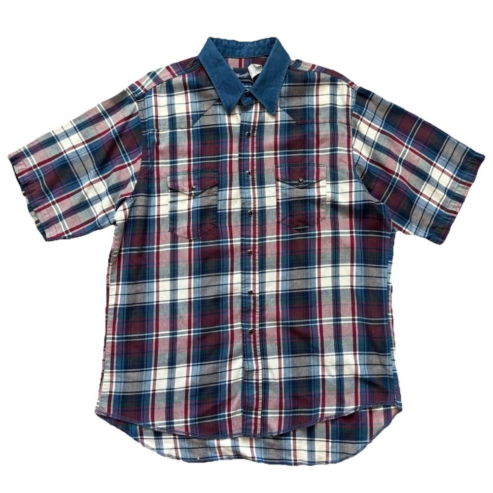 Vintage 90s Wrangler Western Polo Shirt XL Plaid Denim Collar Pearl Snap